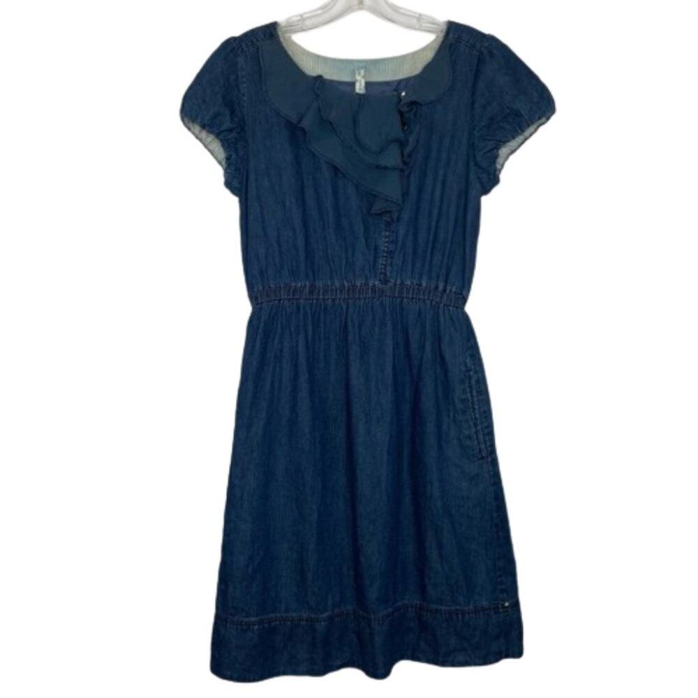 Maeve Anthropologie chambray denim short sleeve ruffle mini dress size Medium